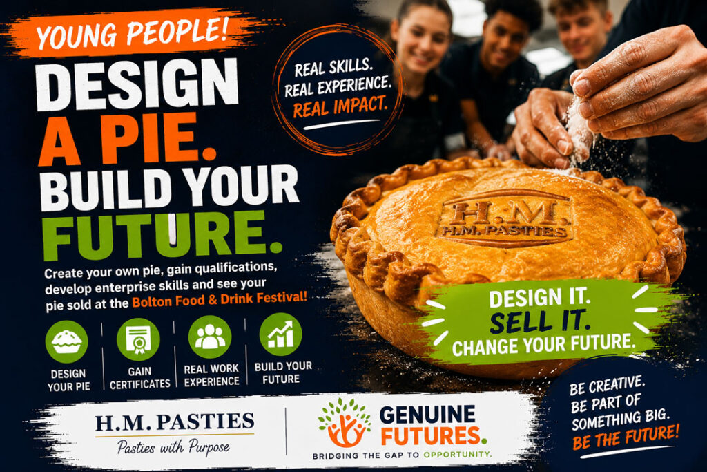 Together, we’re inviting young people to take part in an exciting enterprise project where they will design their own pie, develop practical business skills and see their creation sold at the Bolton Food & Drink Festival over the August Bank Holiday weekend.